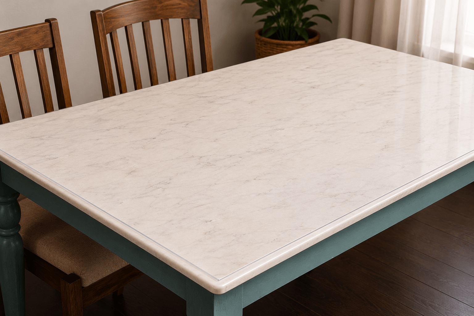 Complete dining table fitted with the 2 millimetre Qlarity table cover