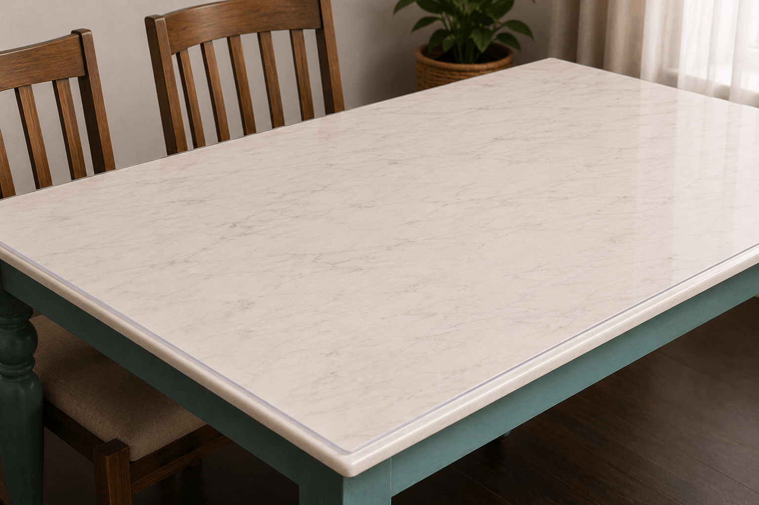 Complete large dining table fitted with the 3 millimetre Qlarity table cover