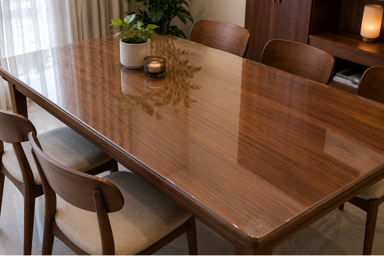 Transparent protective cover on a wooden dining table Transparent protective cover on a wooden dining table