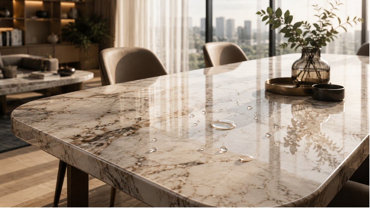 Waterresistant PVC cover protecting a dining table surface Water resistant PVC cover protecting a dining table surface