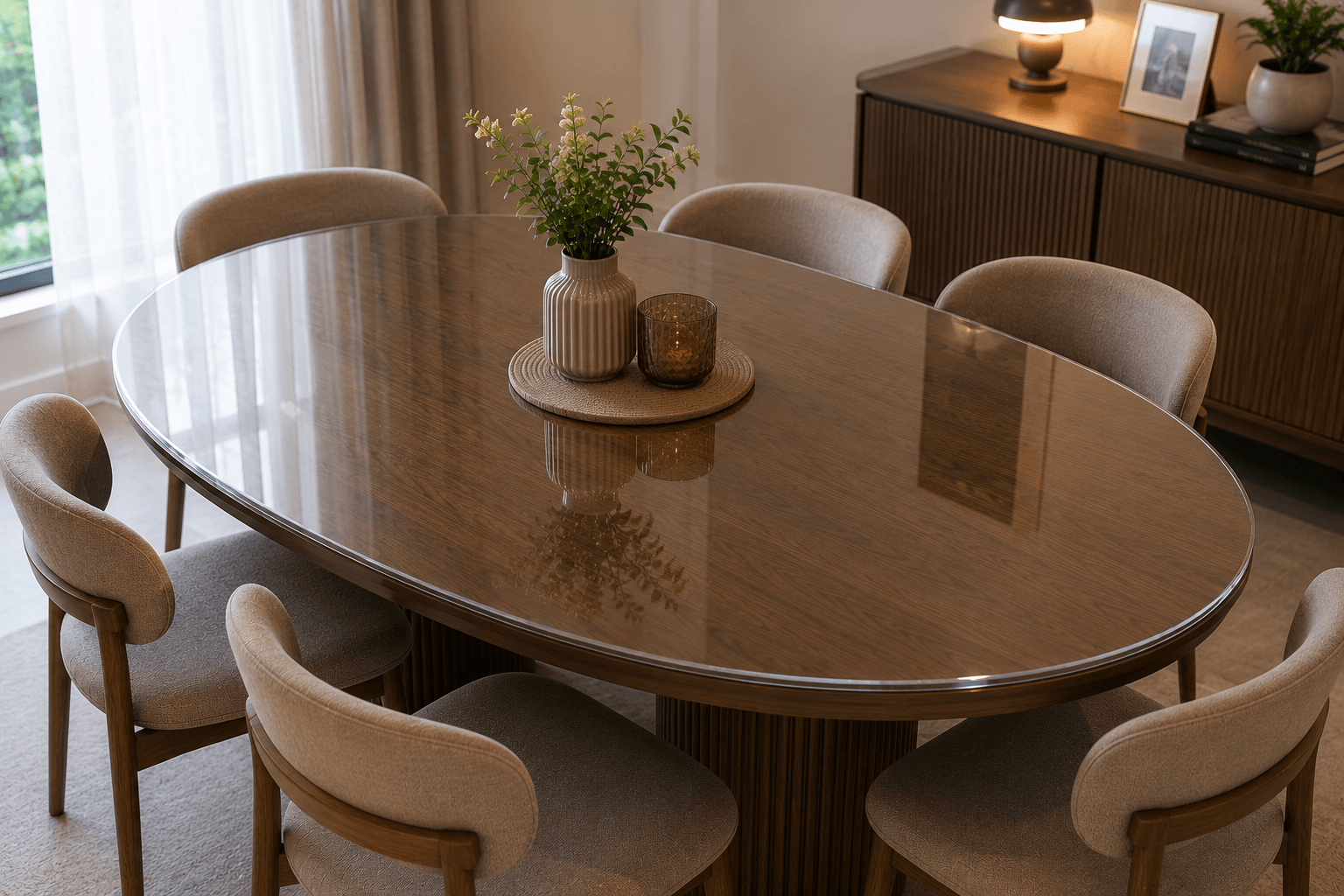 Dining table with protective transparent surface