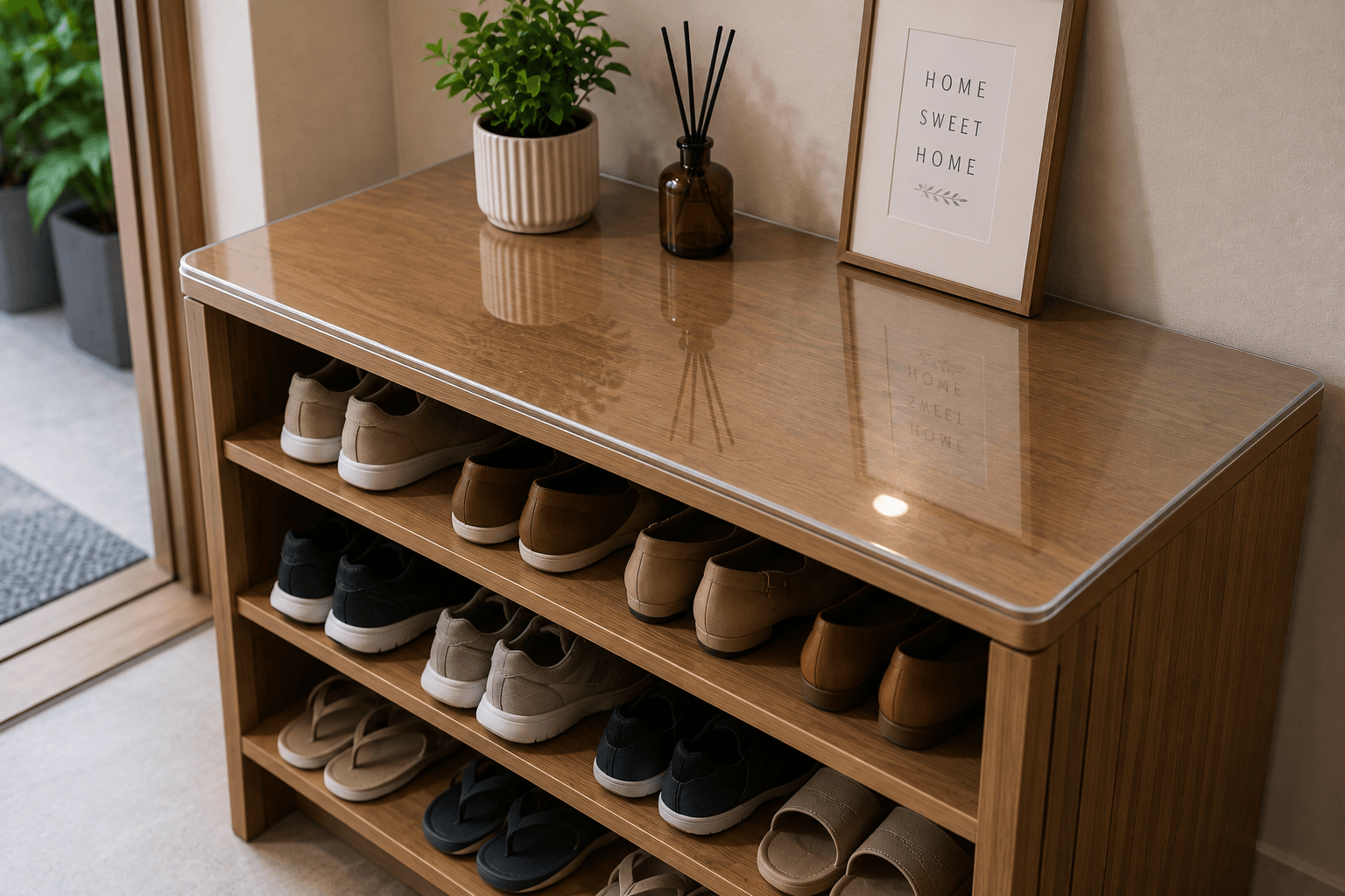 Shoe rack with protective surface cover